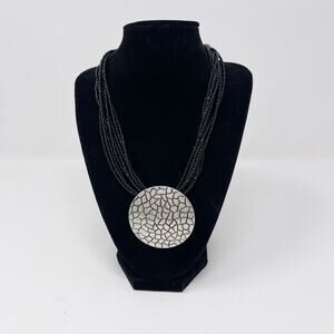 Multilayered Black Beaded Statement Necklace Hammered Silver Tone Pendant